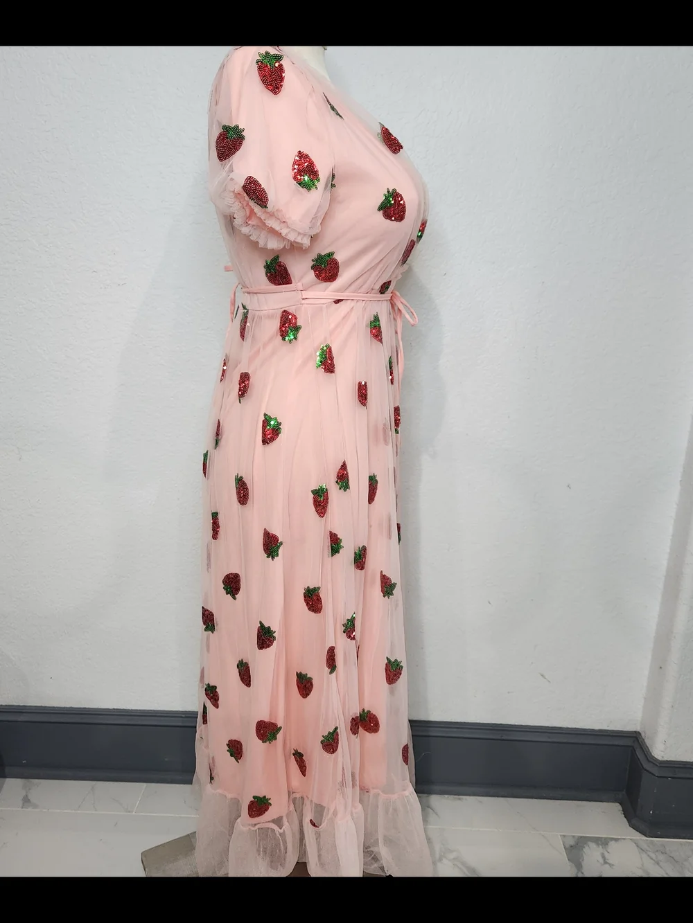 Sheer Pink Strawberry Embroidered Wrap Dress